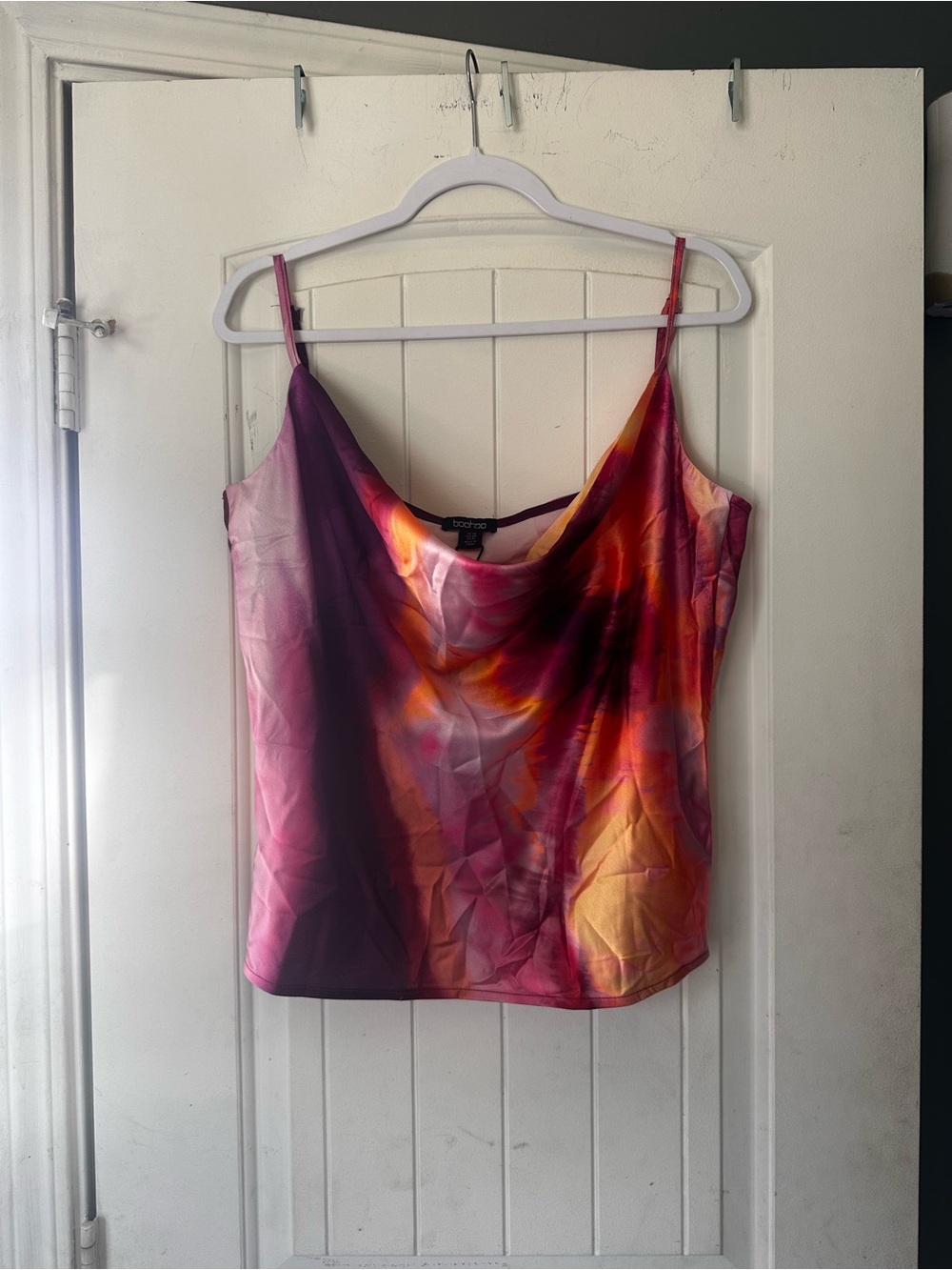 NWT Boohoo Plus Satin Marble Print Cowl Neck Cami Top Sz US 16 Purple Multi